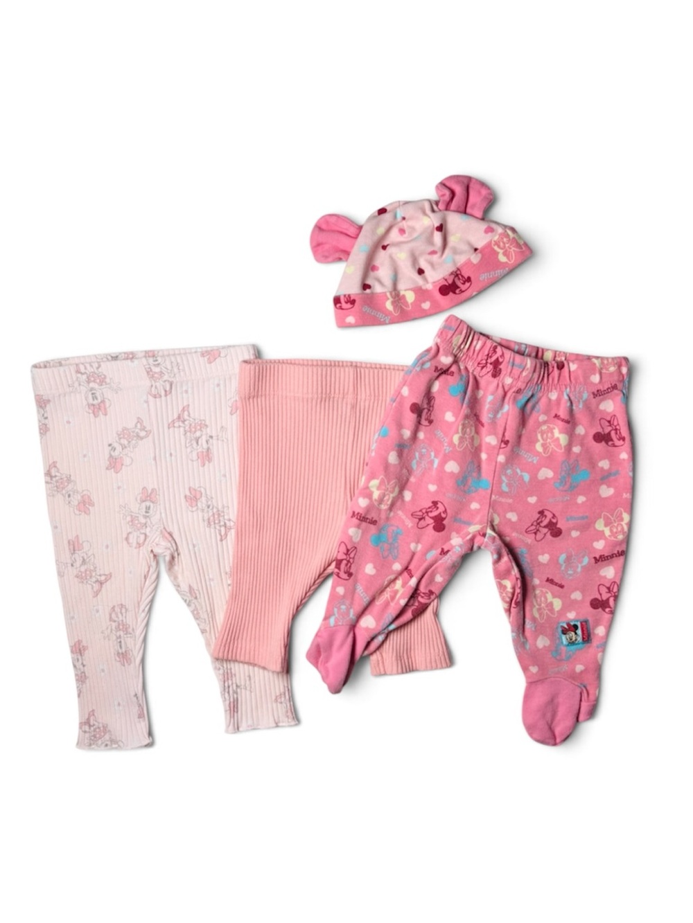 Official Disney Baby Minnie Mouse Pants & Ear Beanie Bundle 4pc Set 3-6M Pastel